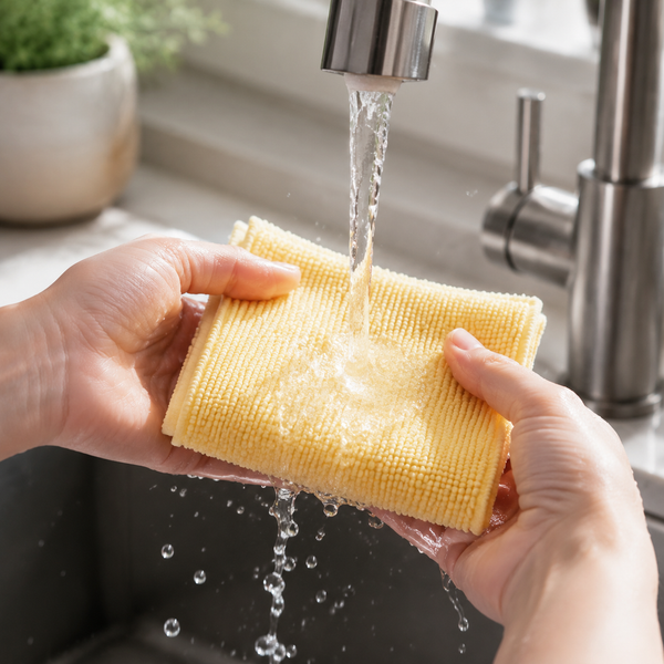 Hands holding a yellow microfiber cloth under running water from a kitchen tap