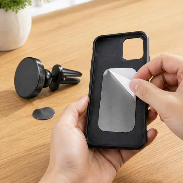Hands peeling the backing off the steel plate and pressing it inside a phone case