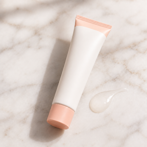 A bead of translucent serum beside the tube on marble