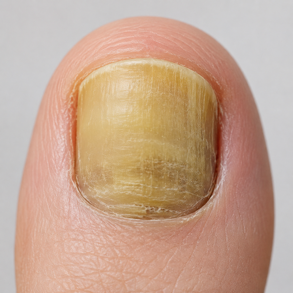 Close-up of a thickened, discoloured toenail