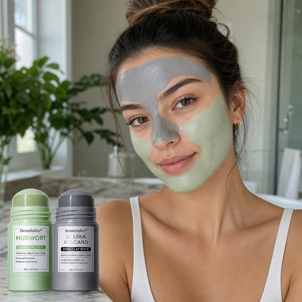 Woman wearing grey volcano clay on T-zone and green mugwort clay on cheeks