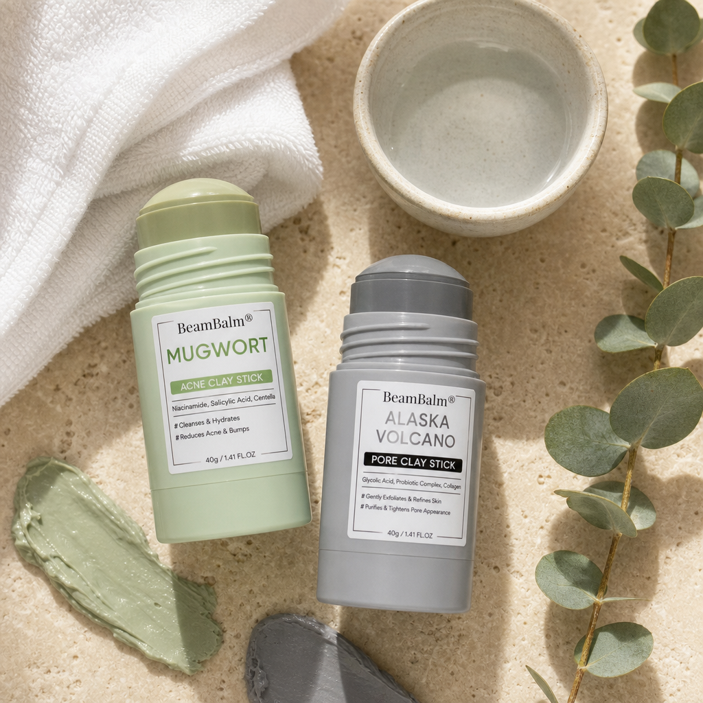 Spa flat lay with both BeamBalm clay sticks