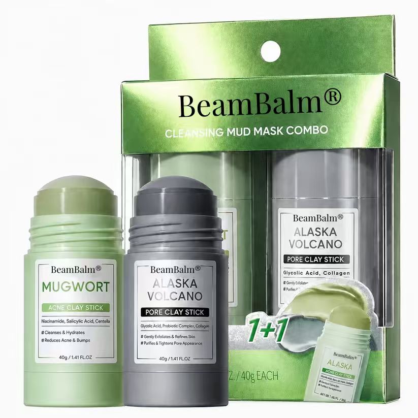 BeamBalm Cleansing Mud Mask Combo 1+1 box with Mugwort and Alaska Volcano clay sticks
