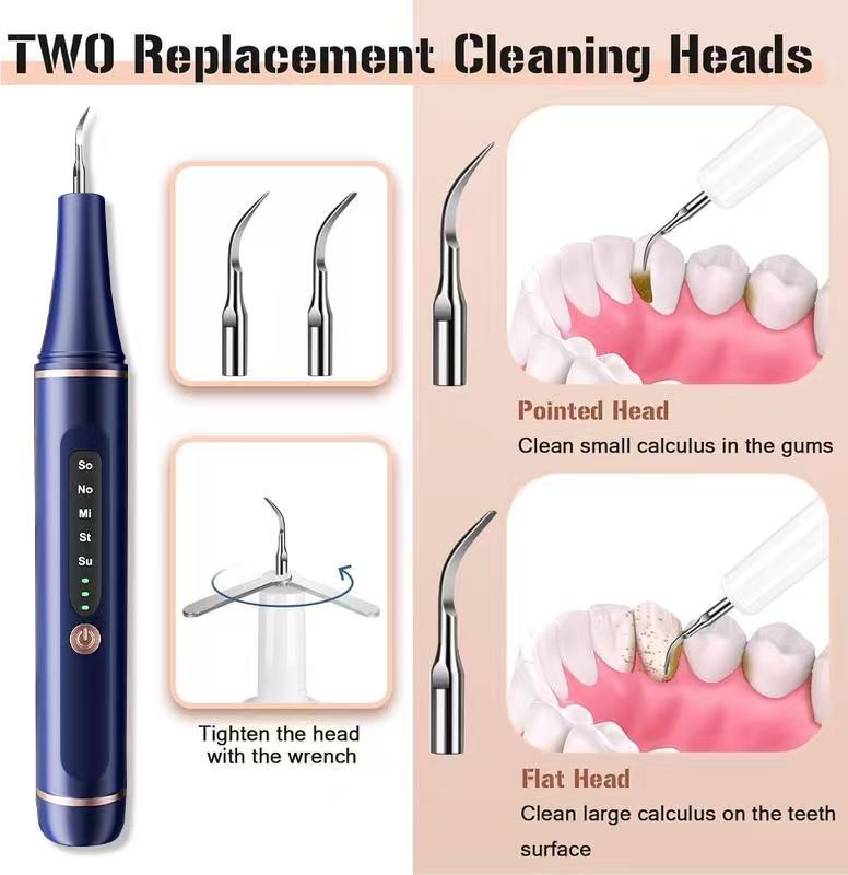 Two replacement heads: a pointed tip for the gum line and a flat tip for tooth surfaces