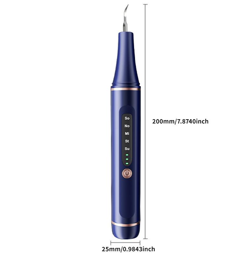 BeamBalm sonic tartar remover pen, 200mm tall, navy blue with 5-mode indicator