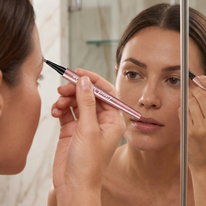 Applying hair strokes with the brow pen at the mirror