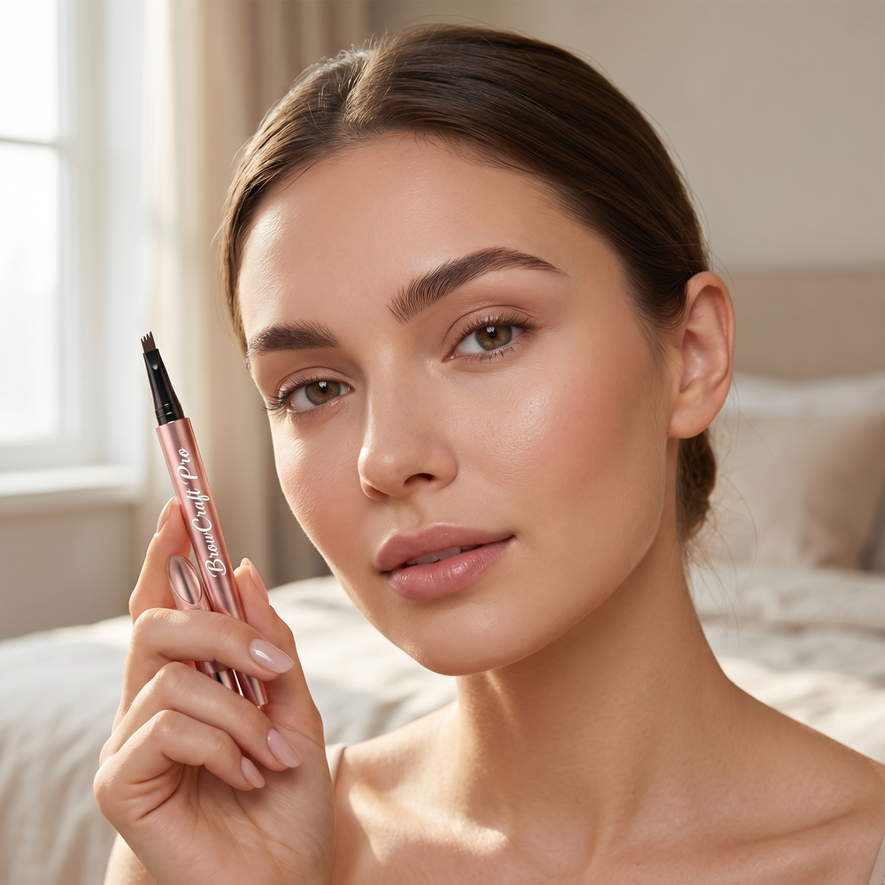 A woman holding the BrowCraft Pro pen beside her defined brows