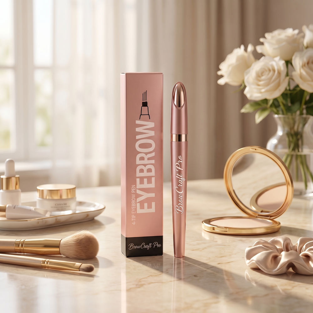 The BrowCraft Pro brow pen standing beside its box on a marble vanity
