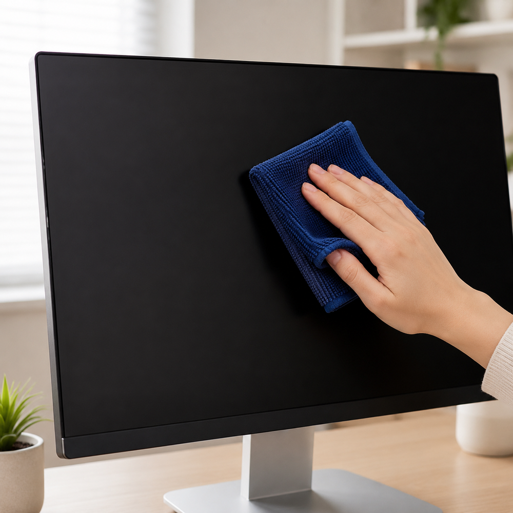 A hand wiping a switched-off monitor with a navy microfiber cloth
