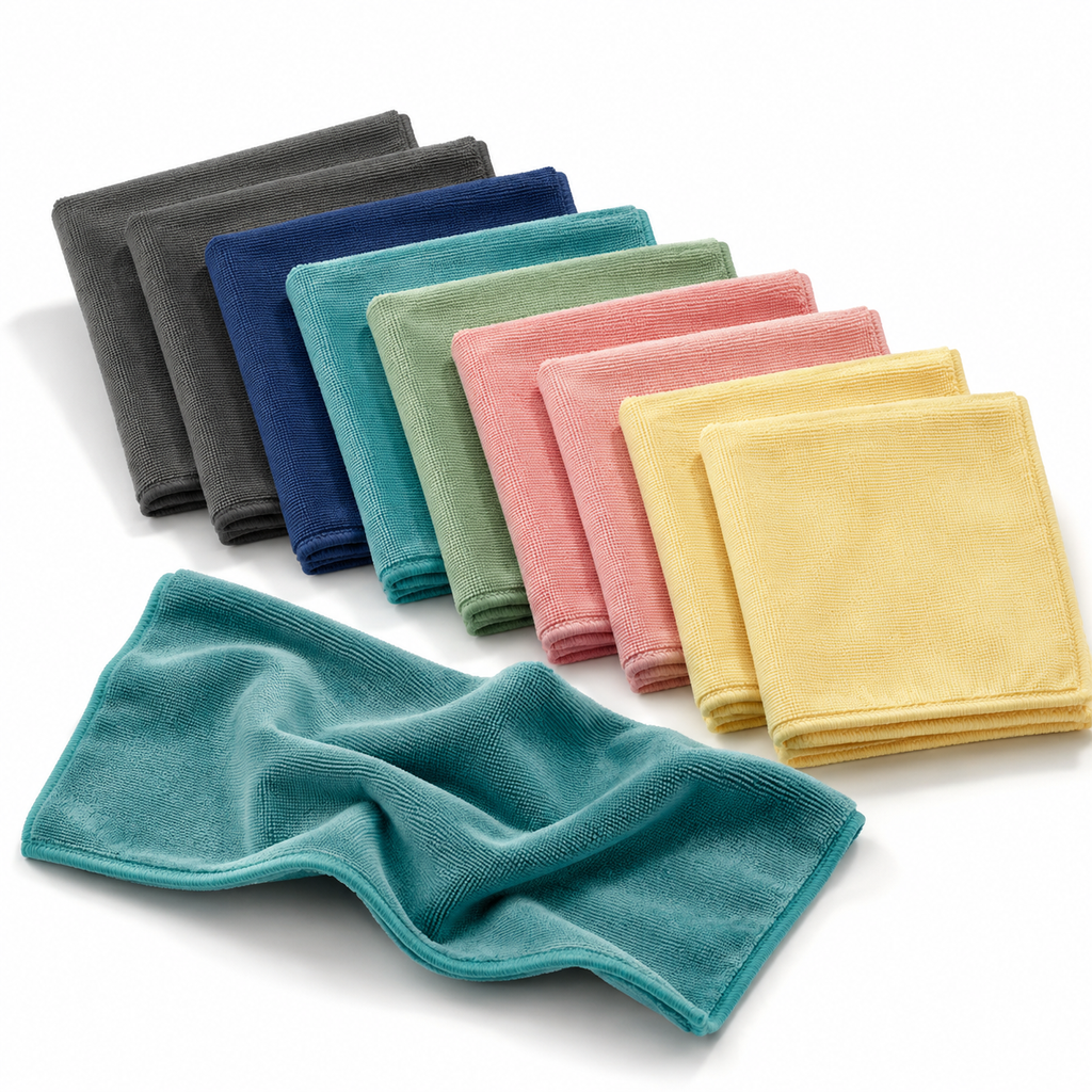 A fanned stack of folded microfiber cloths with one unfolded showing the plush pile