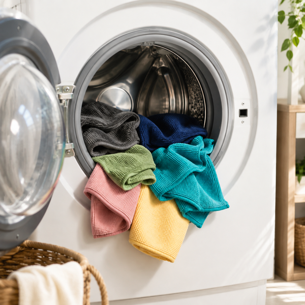Coloured microfiber cloths tumbled inside an open washing machine drum