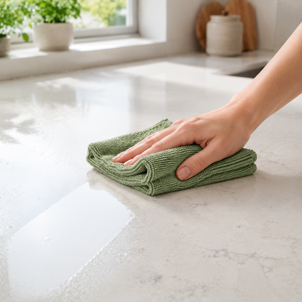 A hand wiping a kitchen worktop clean with a sage green microfiber cloth