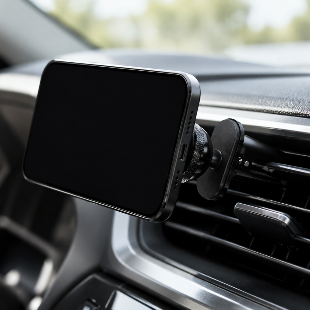 A phone rotated to landscape orientation on the magnetic vent mount