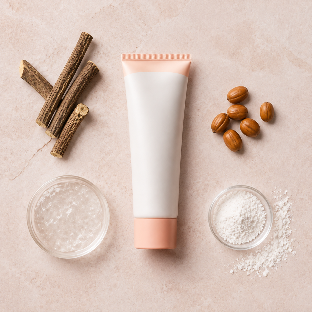 The serum tube laid out with licorice root, jojoba seeds, clear gel and fine white powder