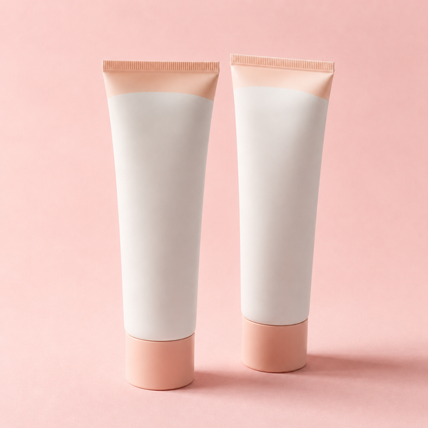 Two identical blank skincare tubes side by side on a soft blush background