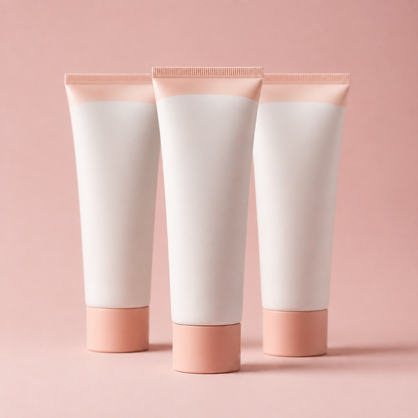 Three identical blank skincare tubes grouped together on a soft blush background