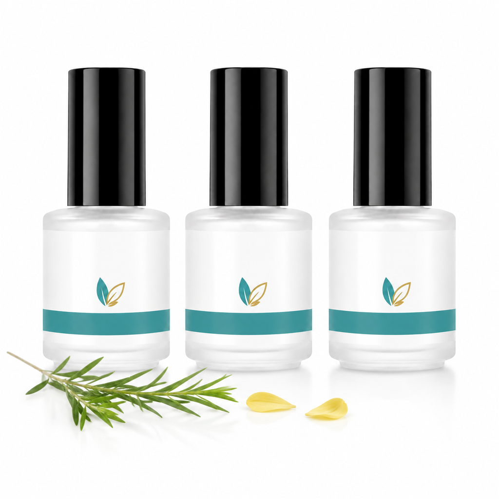 Three NailRestore Pro brush-on bottles with tea tree leaves