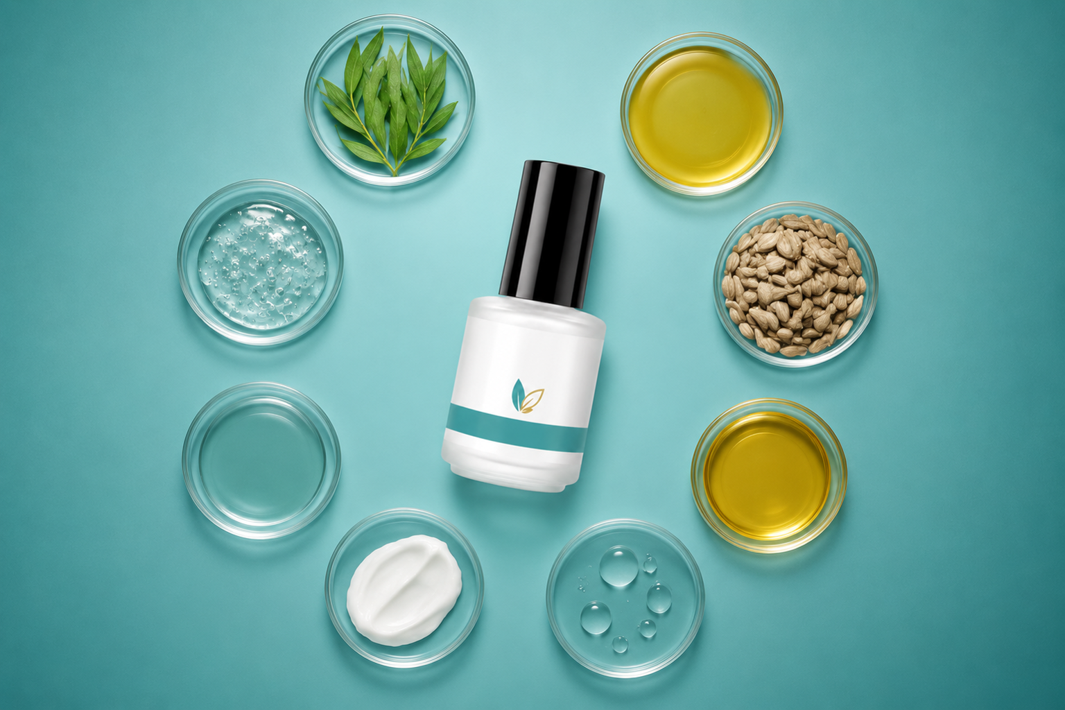 A NailRestore Pro bottle surrounded by its eight key ingredients