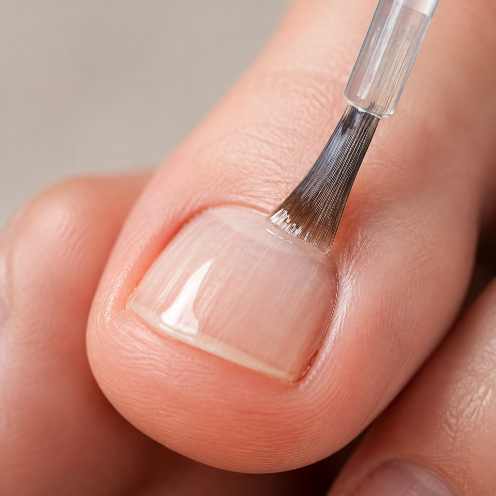 Brush applicator painting the solution onto a toenail